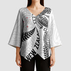 Aotearoa Volleyball Custom Kimono Sleeve Blouse Silver Ferns and Maori Tribal White