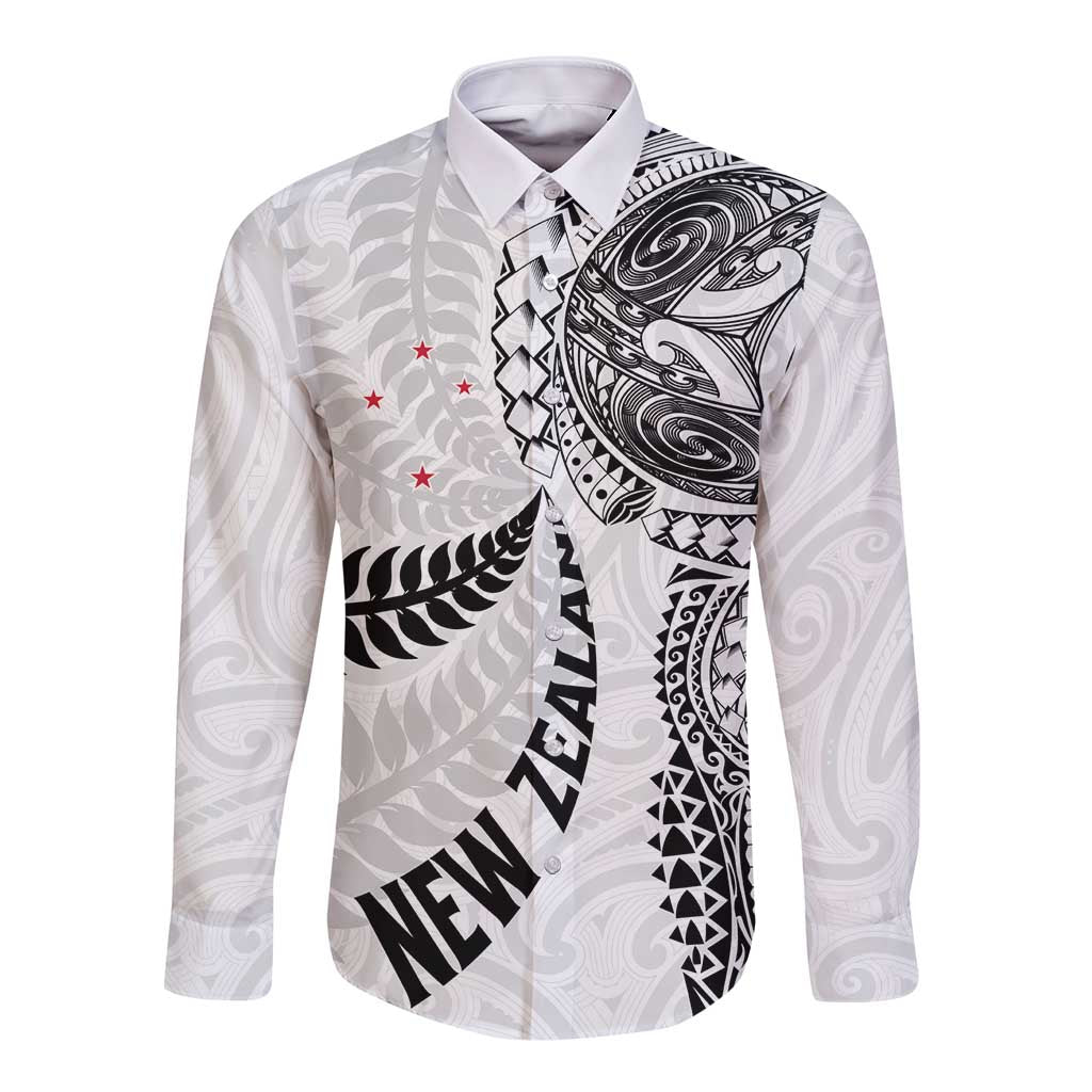 Aotearoa Volleyball Custom Long Sleeve Button Shirt Silver Ferns and Maori Tribal White