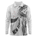 Aotearoa Volleyball Custom Long Sleeve Polo Shirt Silver Ferns and Maori Tribal White