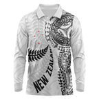 Aotearoa Volleyball Custom Long Sleeve Polo Shirt Silver Ferns and Maori Tribal White