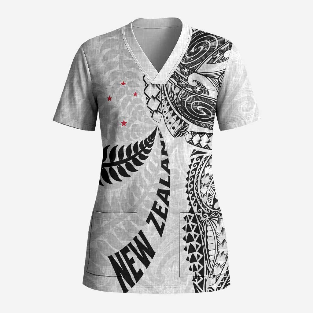 Aotearoa Volleyball Custom Scrub Top Silver Ferns and Maori Tribal White