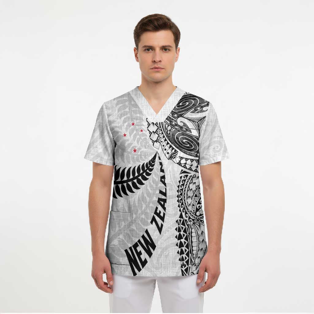 Aotearoa Volleyball Custom Scrub Top Silver Ferns and Maori Tribal White