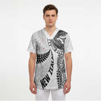 Aotearoa Volleyball Custom Scrub Top Silver Ferns and Maori Tribal White