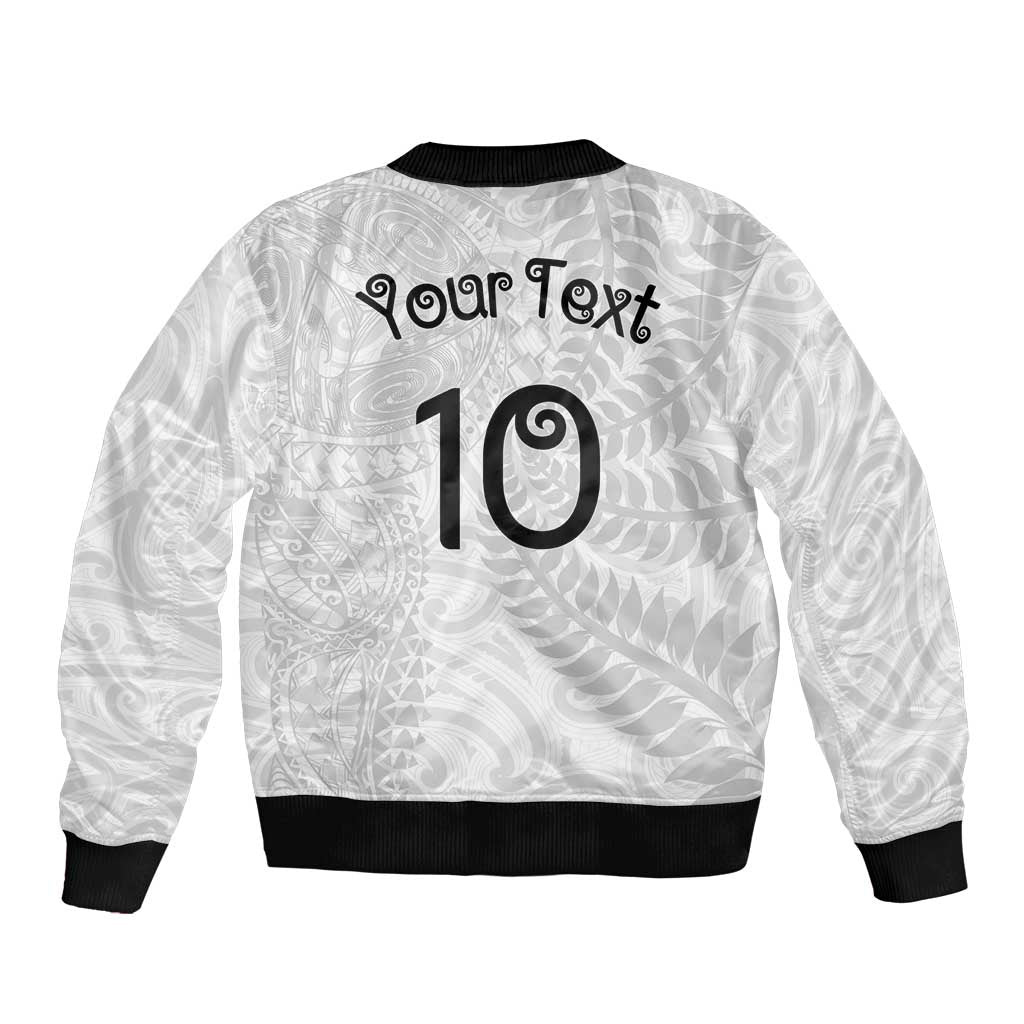 Aotearoa Volleyball Custom Sleeve Zip Bomber Jacket Silver Ferns and Maori Tribal White