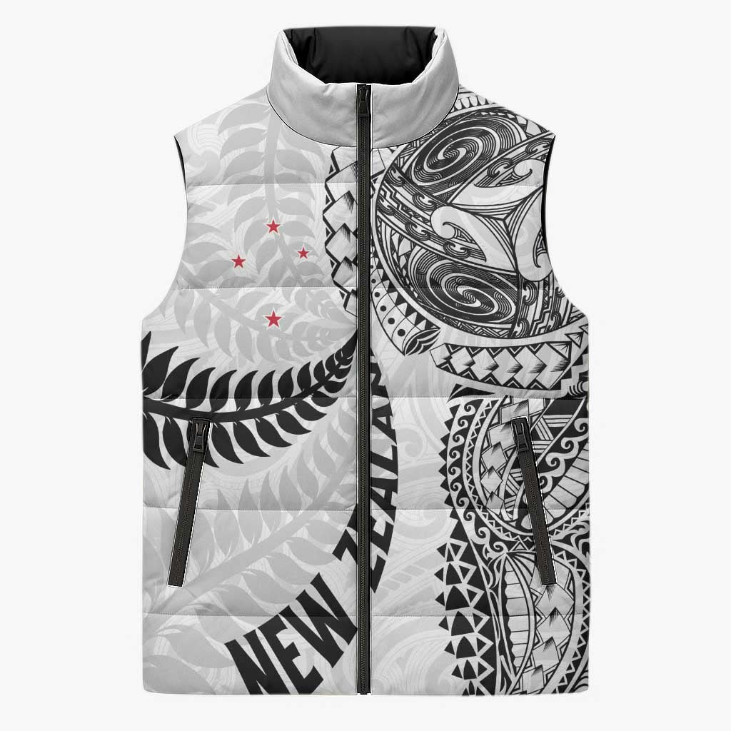 Aotearoa Volleyball Custom Sleeveless Puffer Jacket Silver Ferns and Maori Tribal White