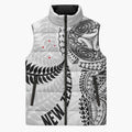 Aotearoa Volleyball Custom Sleeveless Puffer Jacket Silver Ferns and Maori Tribal White