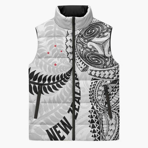 Aotearoa Volleyball Custom Sleeveless Puffer Jacket Silver Ferns and Maori Tribal White