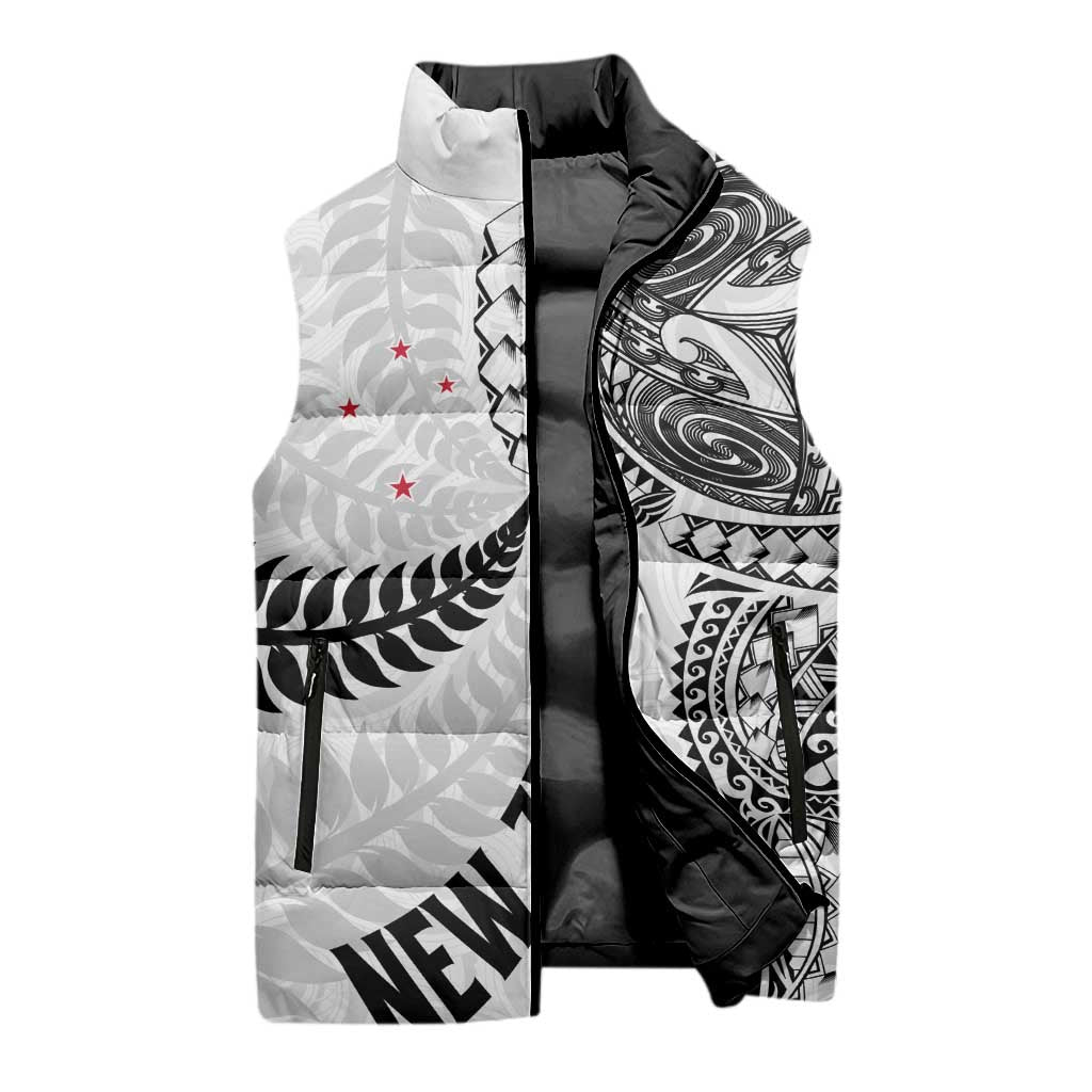 Aotearoa Volleyball Custom Sleeveless Puffer Jacket Silver Ferns and Maori Tribal White