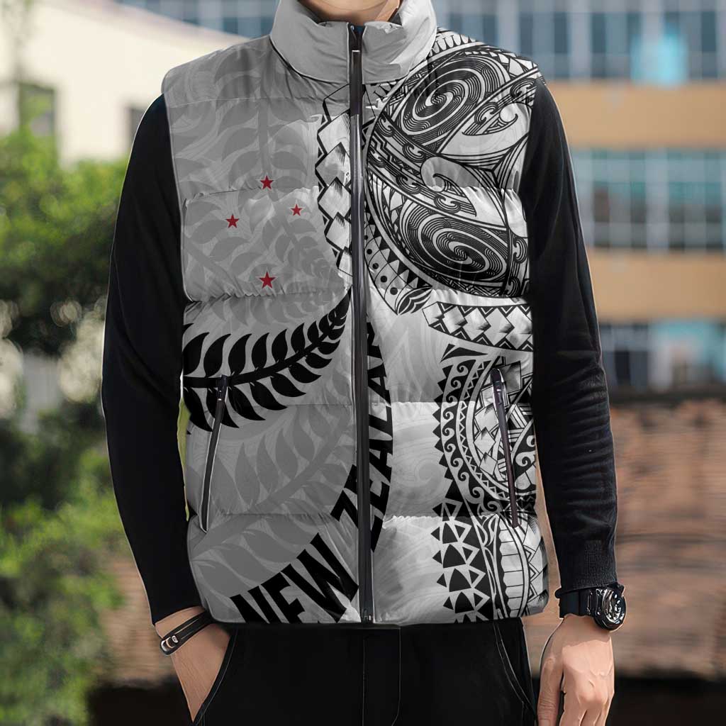 Aotearoa Volleyball Custom Sleeveless Puffer Jacket Silver Ferns and Maori Tribal White