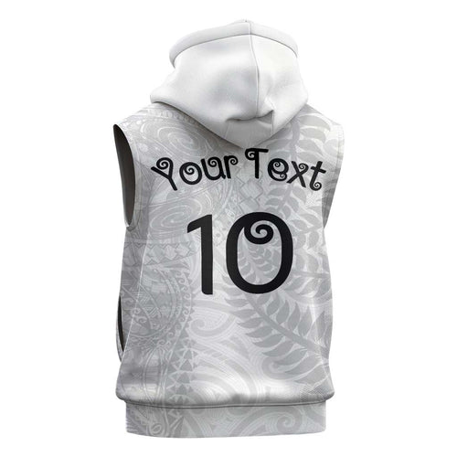 Aotearoa Volleyball Custom Sleeveless Zip Hoodie Silver Ferns and Maori Tribal White
