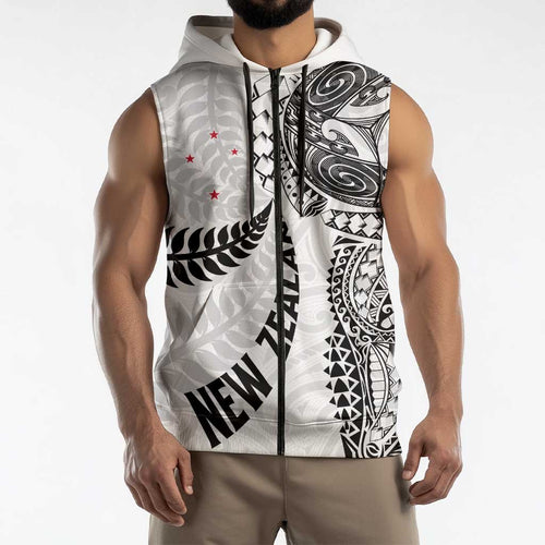 Aotearoa Volleyball Custom Sleeveless Zip Hoodie Silver Ferns and Maori Tribal White