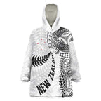 Aotearoa Volleyball Custom Wearable Blanket Hoodie Silver Ferns and Maori Tribal White