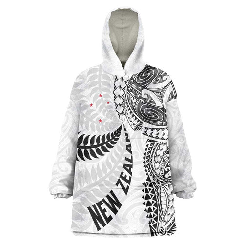 Aotearoa Volleyball Custom Wearable Blanket Hoodie Silver Ferns and Maori Tribal White