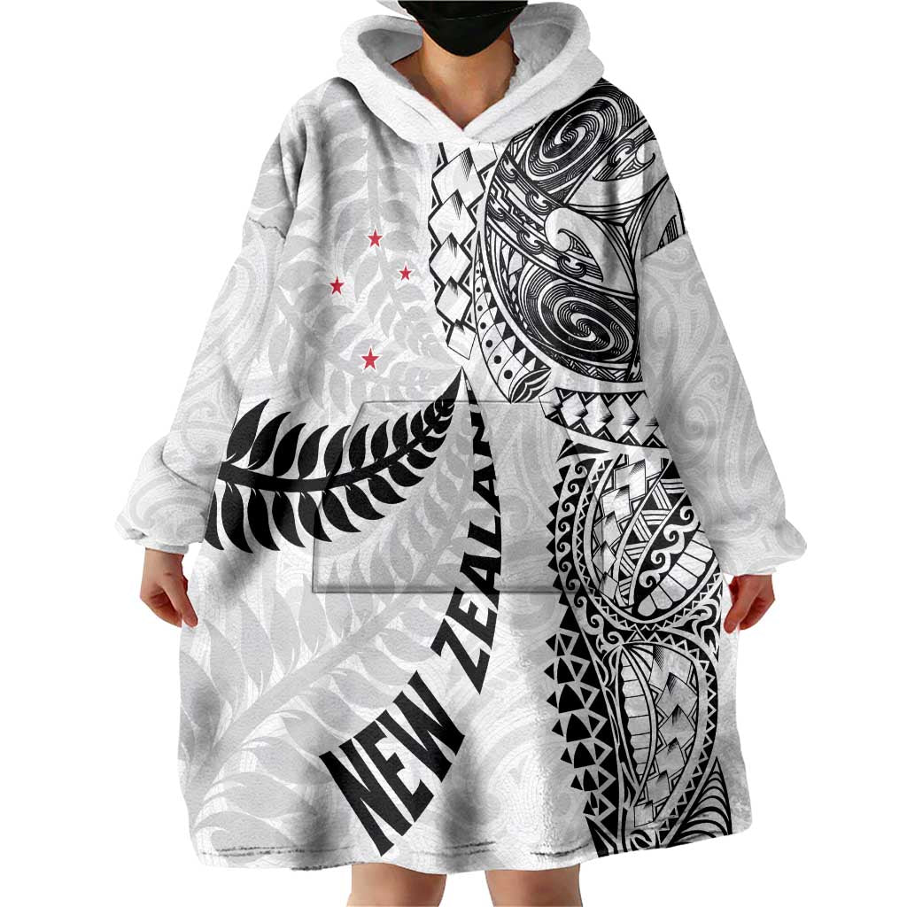 Aotearoa Volleyball Custom Wearable Blanket Hoodie Silver Ferns and Maori Tribal White