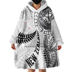 Aotearoa Volleyball Custom Wearable Blanket Hoodie Silver Ferns and Maori Tribal White