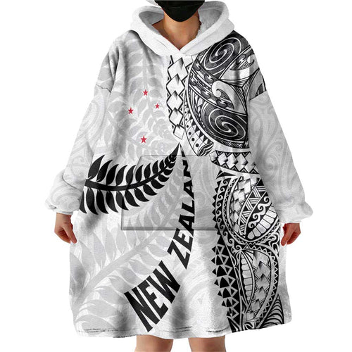 Aotearoa Volleyball Custom Wearable Blanket Hoodie Silver Ferns and Maori Tribal White