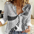 Aotearoa Volleyball Custom Women Casual Shirt Silver Ferns and Maori Tribal White