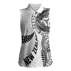 Aotearoa Volleyball Custom Women Sleeveless Polo Shirt Silver Ferns and Maori Tribal White
