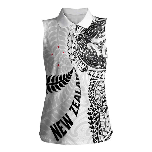 Aotearoa Volleyball Custom Women Sleeveless Polo Shirt Silver Ferns and Maori Tribal White