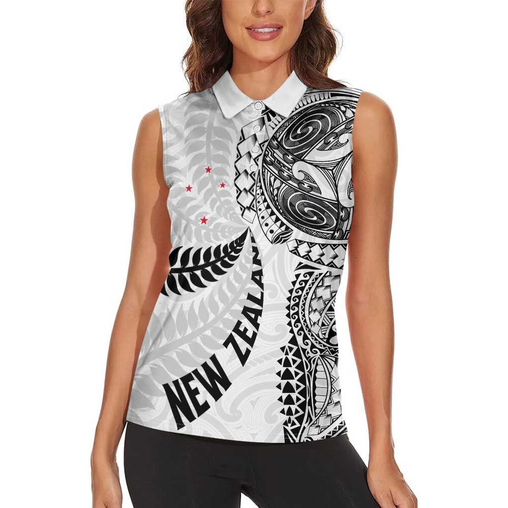 Aotearoa Volleyball Custom Women Sleeveless Polo Shirt Silver Ferns and Maori Tribal White
