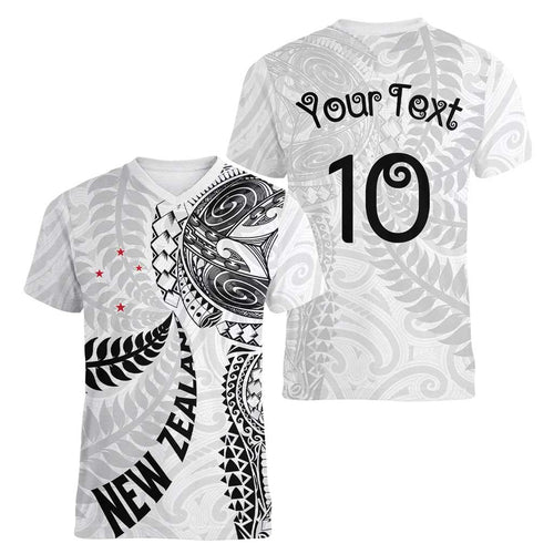 Aotearoa Volleyball Custom Women V-Neck T-Shirt Silver Ferns and Maori Tribal White