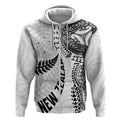 Aotearoa Volleyball Custom Zip Hoodie Silver Ferns and Maori Tribal White