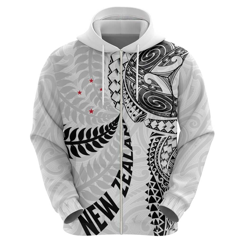 Aotearoa Volleyball Custom Zip Hoodie Silver Ferns and Maori Tribal White