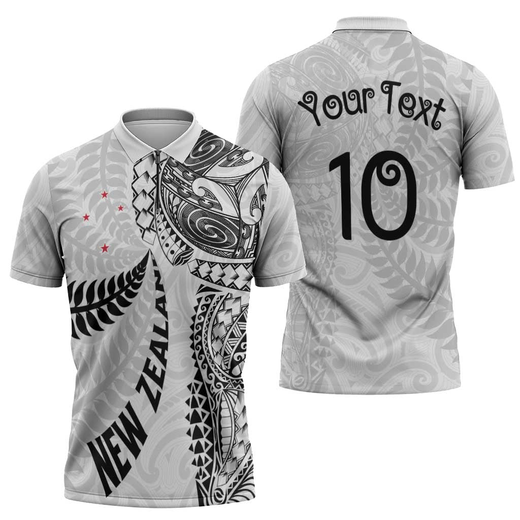 Aotearoa Volleyball Custom Zipper Polo Shirt Silver Ferns and Maori Tribal White