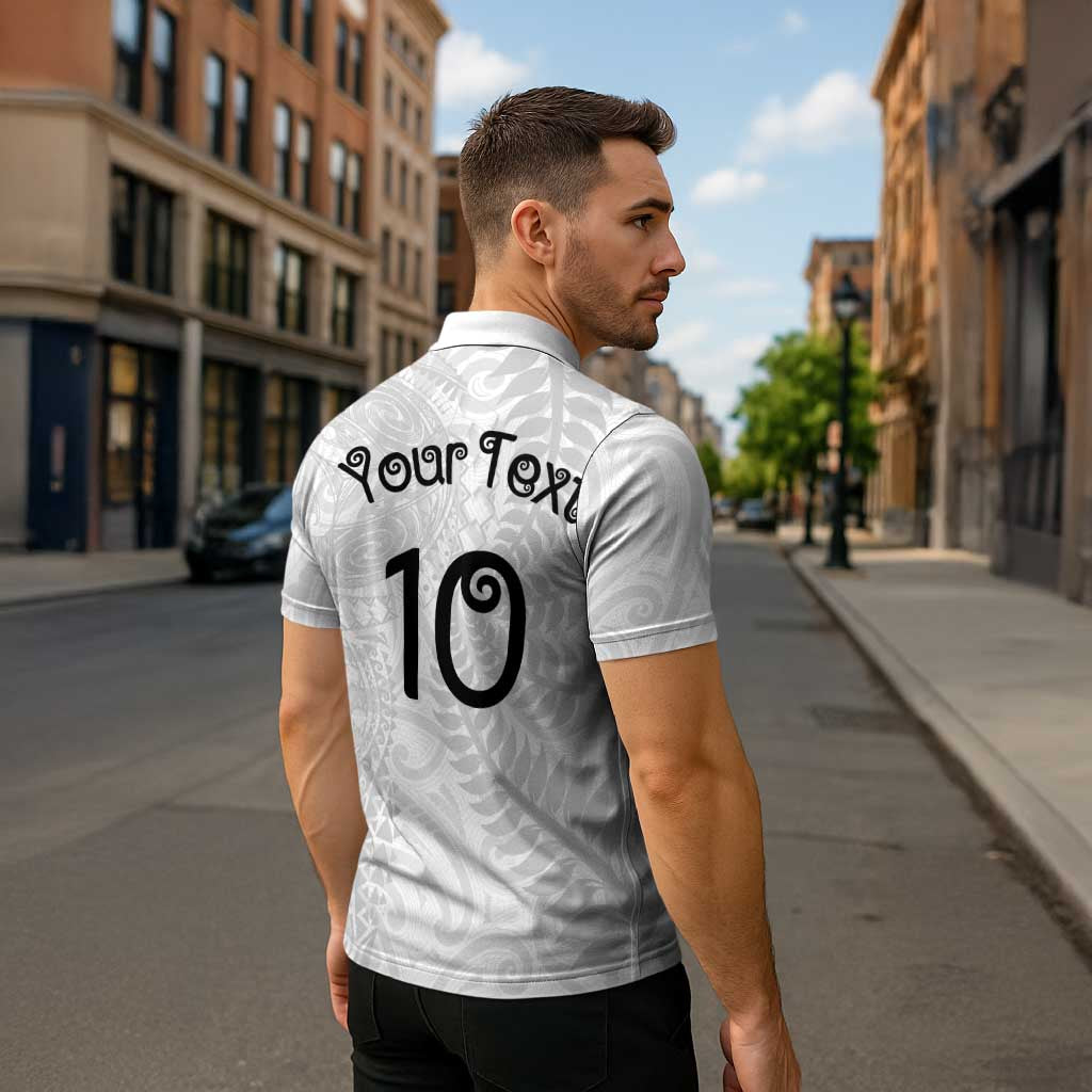Aotearoa Volleyball Custom Zipper Polo Shirt Silver Ferns and Maori Tribal White