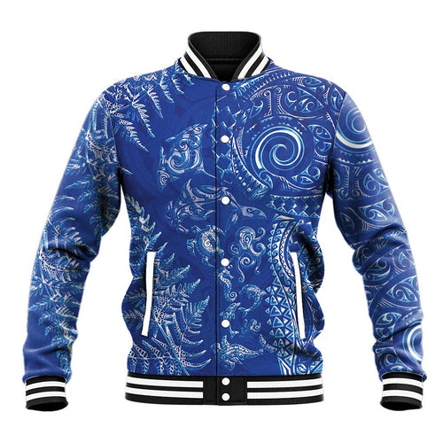 New Zealand Sea Animals Baseball Jacket with Maori Koru Tribal Tattoo and Silver Ferns Aquatic Style