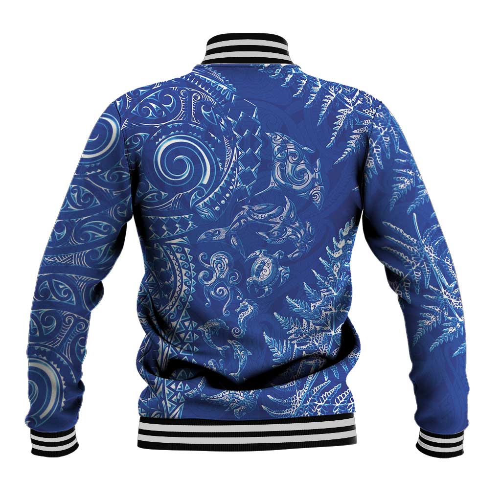 New Zealand Sea Animals Baseball Jacket with Maori Koru Tribal Tattoo and Silver Ferns Aquatic Style