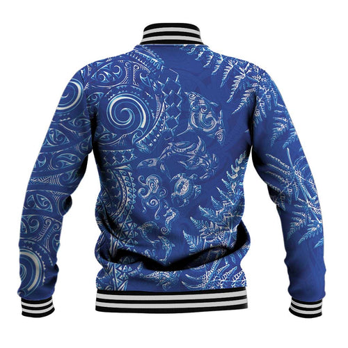 New Zealand Sea Animals Baseball Jacket with Maori Koru Tribal Tattoo and Silver Ferns Aquatic Style