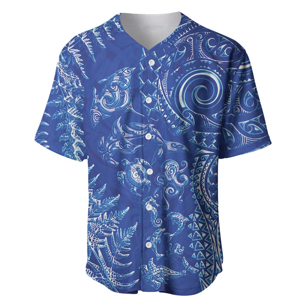 New Zealand Sea Animals Baseball Jersey with Maori Koru Tribal Tattoo and Silver Ferns Aquatic Style