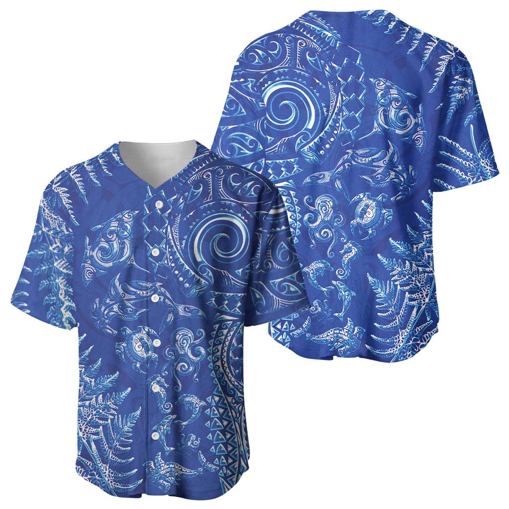 New Zealand Sea Animals Baseball Jersey with Maori Koru Tribal Tattoo and Silver Ferns Aquatic Style