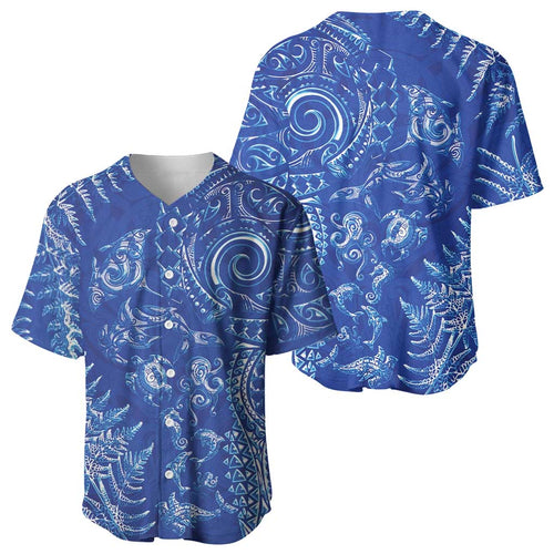 New Zealand Sea Animals Baseball Jersey with Maori Koru Tribal Tattoo and Silver Ferns Aquatic Style