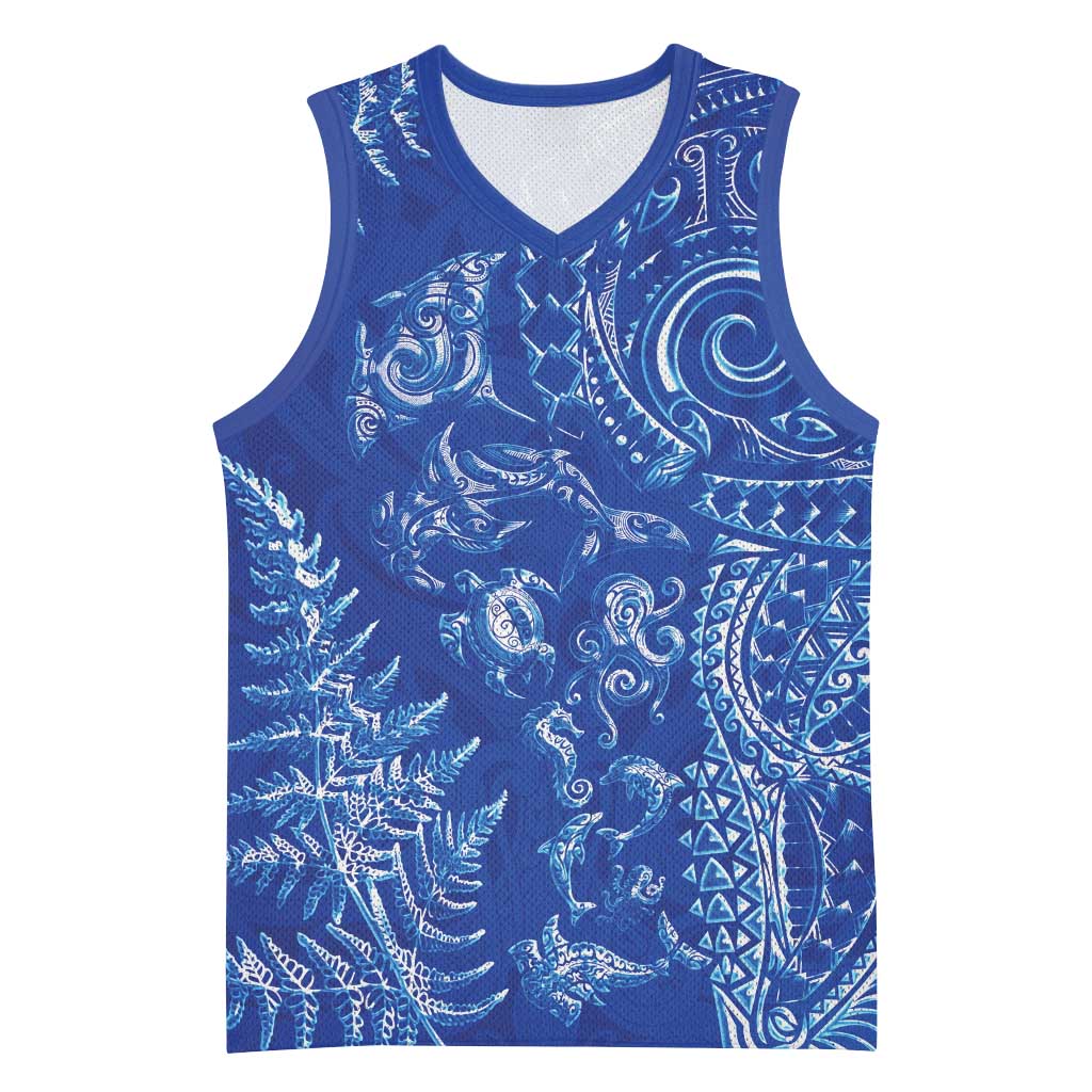 New Zealand Sea Animals Basketball Jersey with Maori Koru Tribal Tattoo and Silver Ferns Aquatic Style