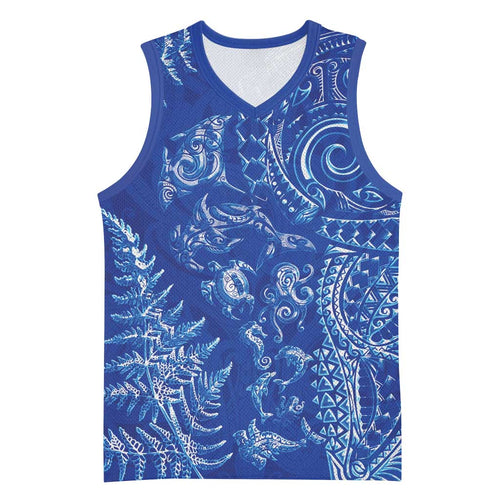New Zealand Sea Animals Basketball Jersey with Maori Koru Tribal Tattoo and Silver Ferns Aquatic Style