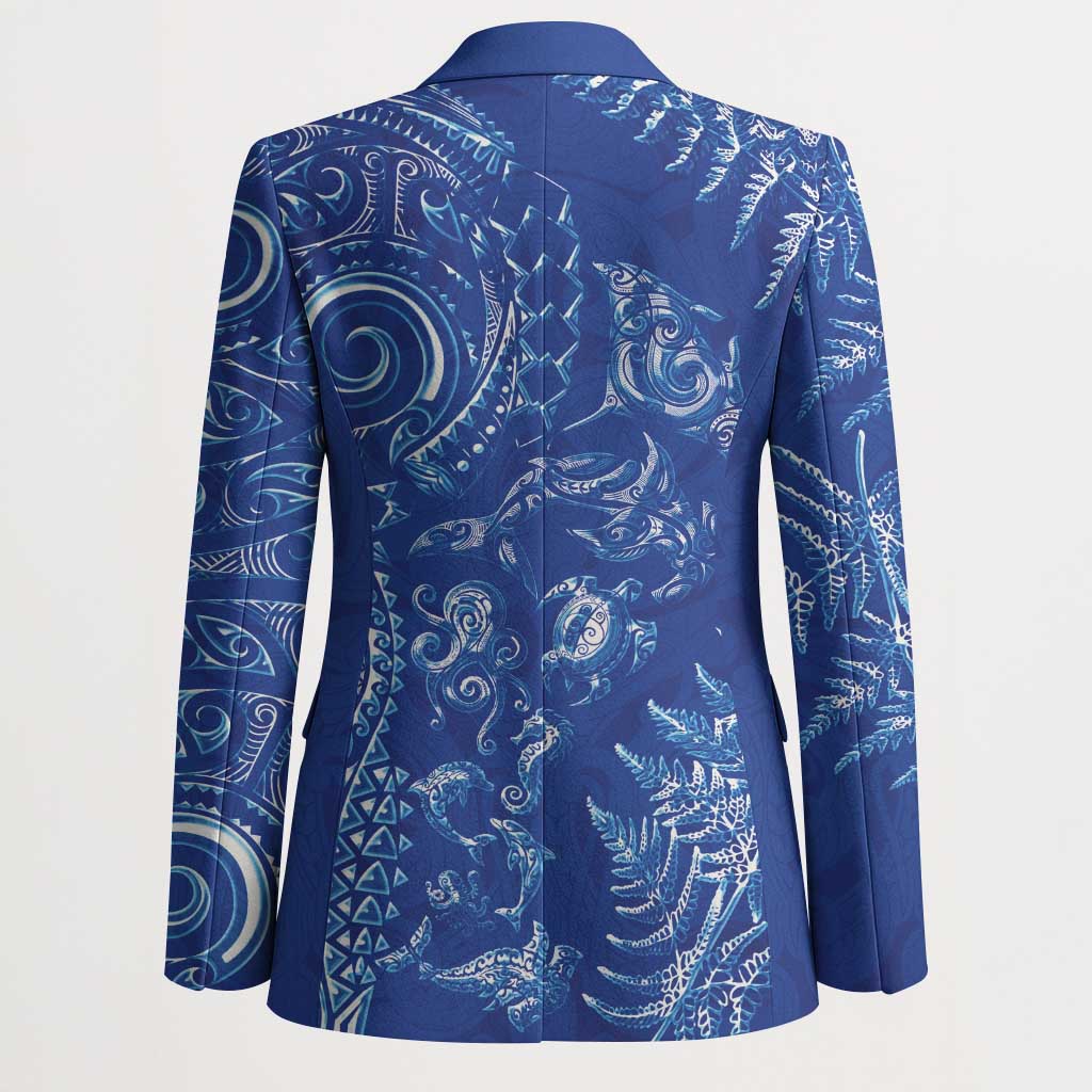 New Zealand Sea Animals Blazer with Maori Koru Tribal Tattoo and Silver Ferns Aquatic Style