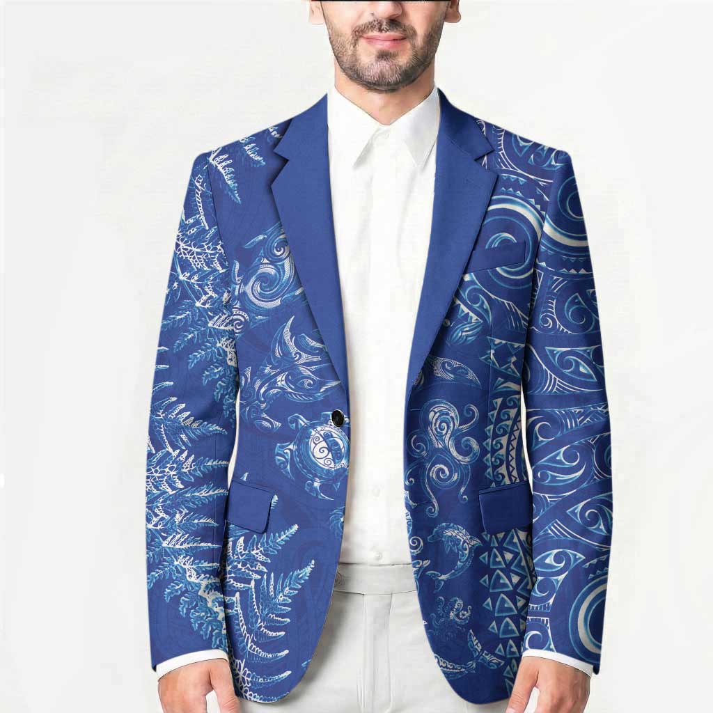 New Zealand Sea Animals Blazer with Maori Koru Tribal Tattoo and Silver Ferns Aquatic Style
