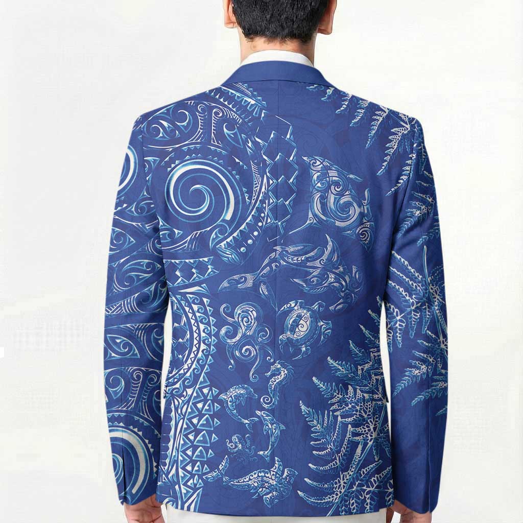 New Zealand Sea Animals Blazer with Maori Koru Tribal Tattoo and Silver Ferns Aquatic Style