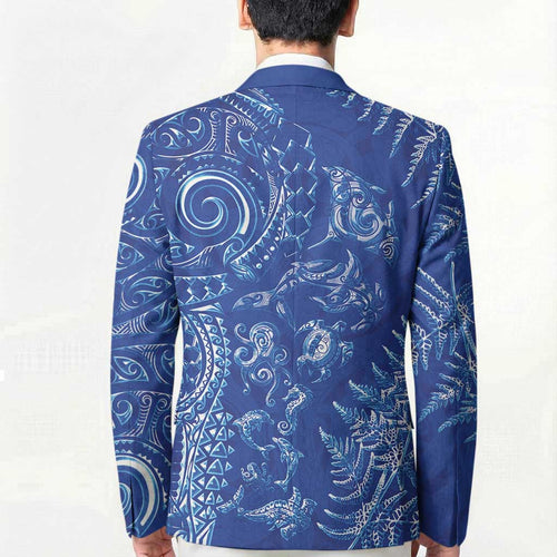 New Zealand Sea Animals Blazer with Maori Koru Tribal Tattoo and Silver Ferns Aquatic Style