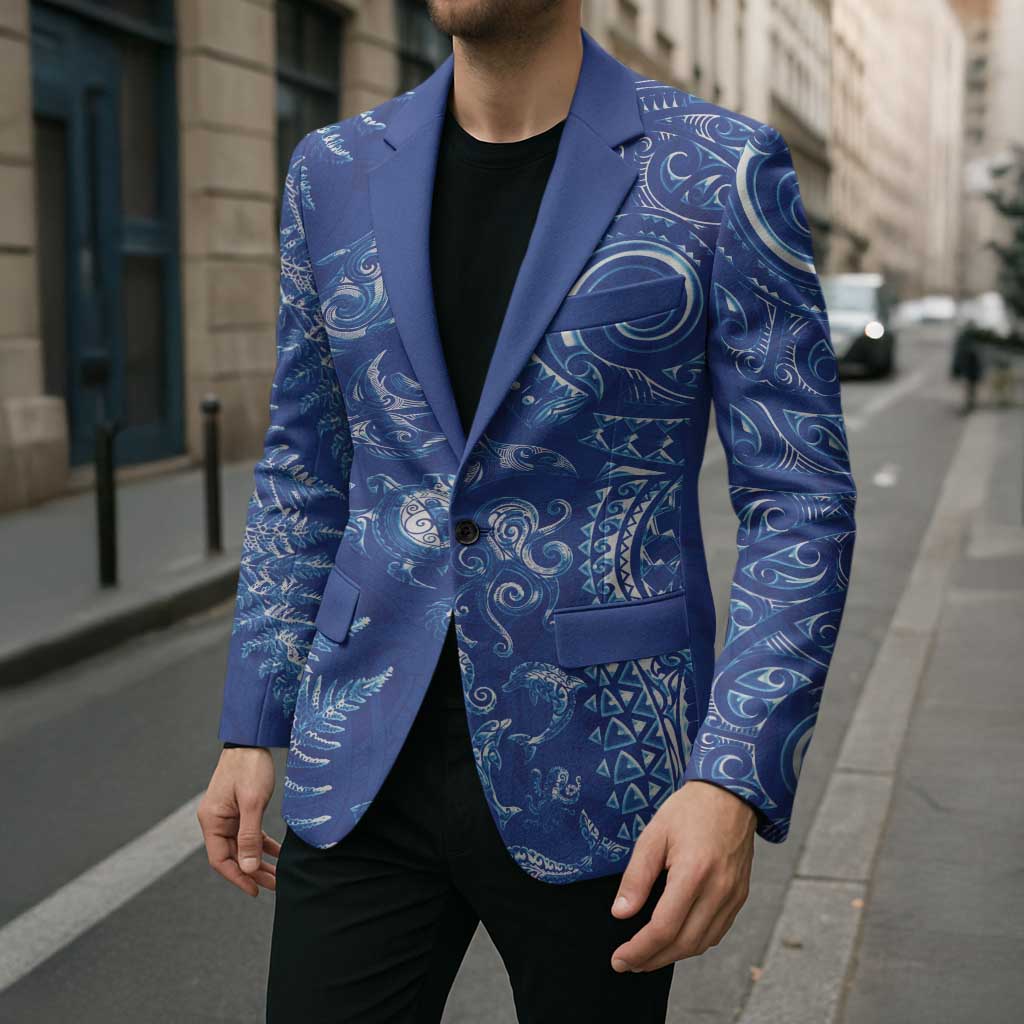 New Zealand Sea Animals Blazer with Maori Koru Tribal Tattoo and Silver Ferns Aquatic Style