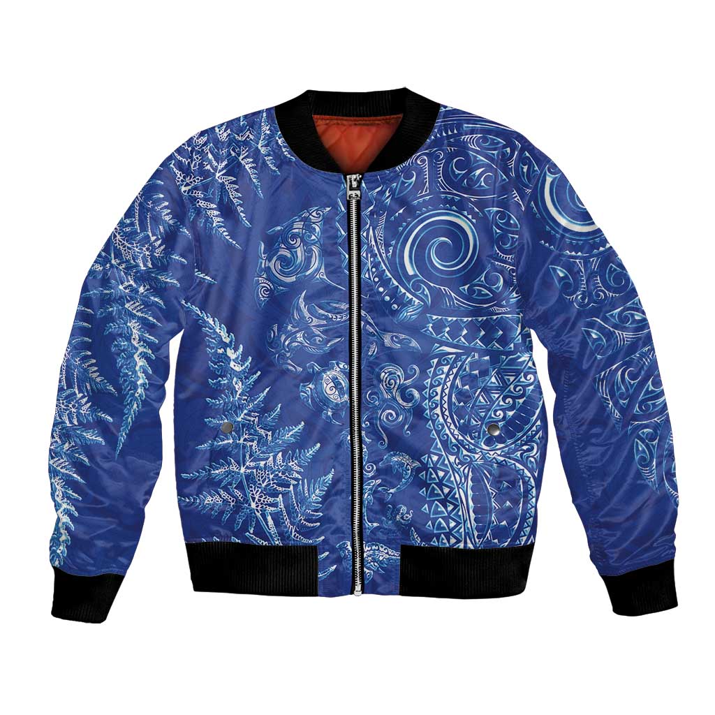 New Zealand Sea Animals Bomber Jacket with Maori Koru Tribal Tattoo and Silver Ferns Aquatic Style