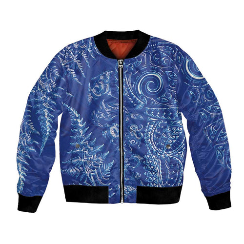 New Zealand Sea Animals Bomber Jacket with Maori Koru Tribal Tattoo and Silver Ferns Aquatic Style