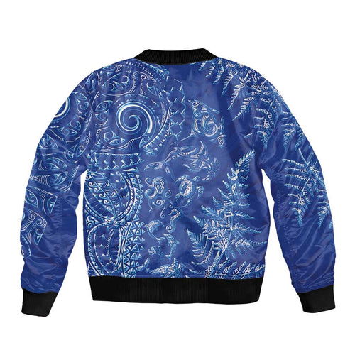 New Zealand Sea Animals Bomber Jacket with Maori Koru Tribal Tattoo and Silver Ferns Aquatic Style