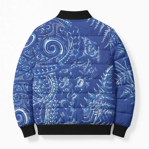 New Zealand Sea Animals Bomber Puffer Jacket with Maori Koru Tribal Tattoo and Silver Ferns Aquatic Style
