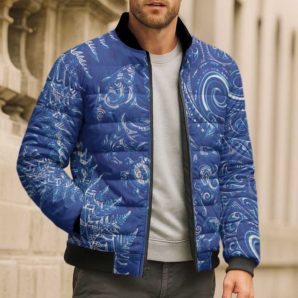 New Zealand Sea Animals Bomber Puffer Jacket with Maori Koru Tribal Tattoo and Silver Ferns Aquatic Style