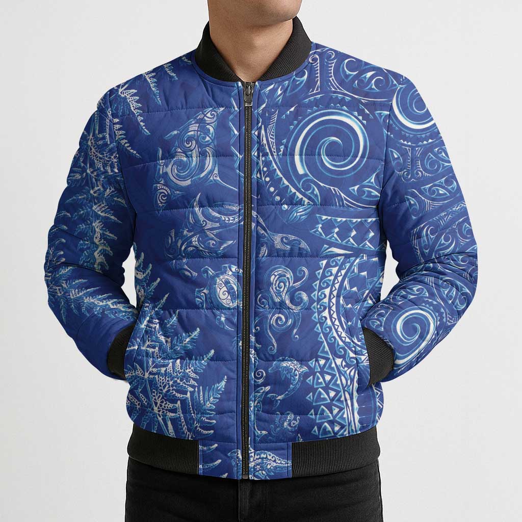 New Zealand Sea Animals Bomber Puffer Jacket with Maori Koru Tribal Tattoo and Silver Ferns Aquatic Style