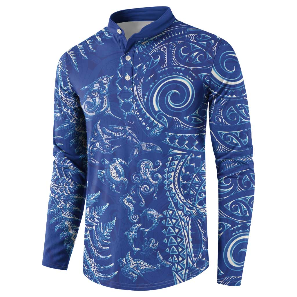 New Zealand Sea Animals Button Sweatshirt with Maori Koru Tribal Tattoo and Silver Ferns Aquatic Style