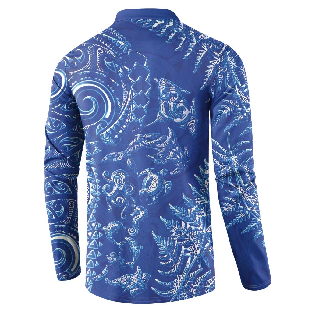New Zealand Sea Animals Button Sweatshirt with Maori Koru Tribal Tattoo and Silver Ferns Aquatic Style